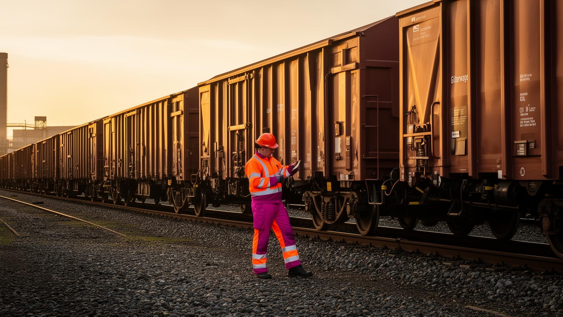 Wagenmeister bei der Prüfung von Güterwagen